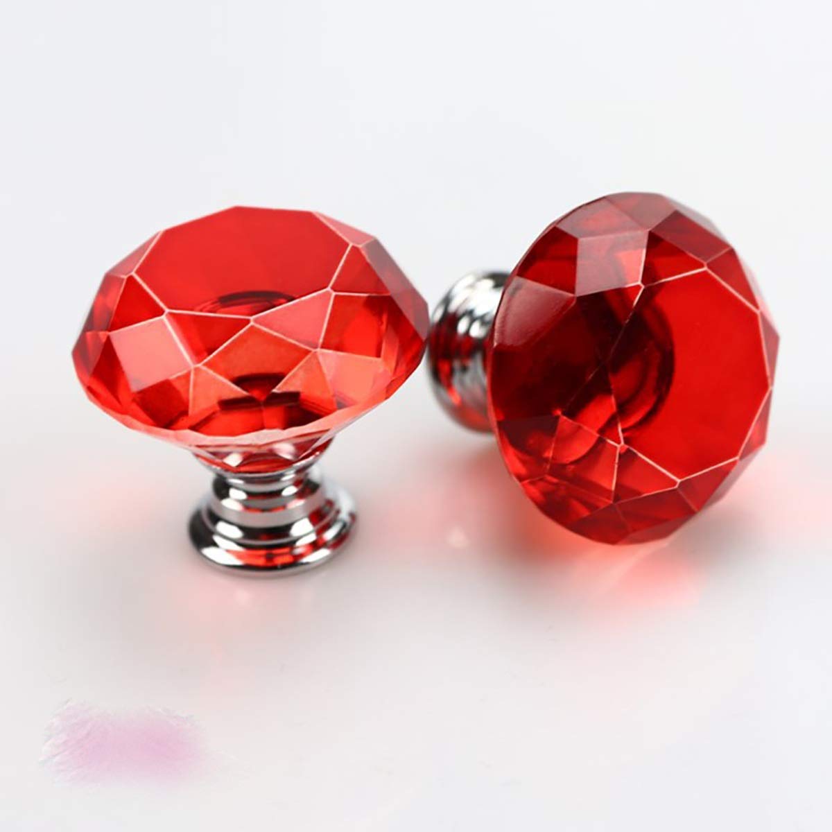 30mm Crystal Glass Door Knobs Diamond Cut Drawer Pull Handles with M4*22mm Screws for Cupboard Cabinet Wardrobe Home Decorating Silver Base Red