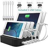 Fast Charging Station and 5 USB Lightning Cables, MOLAER 5-Port USB Charging Stand with Type C, Docking Station Organizer for iPhone, iPad, Apple, Samsung, Tablets and Android USB-Charged Devices