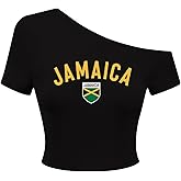SweatyRocks Women's Jamaica One Shoulder Crop Top Short Sleeve T Shirt Letter Graphic Tee