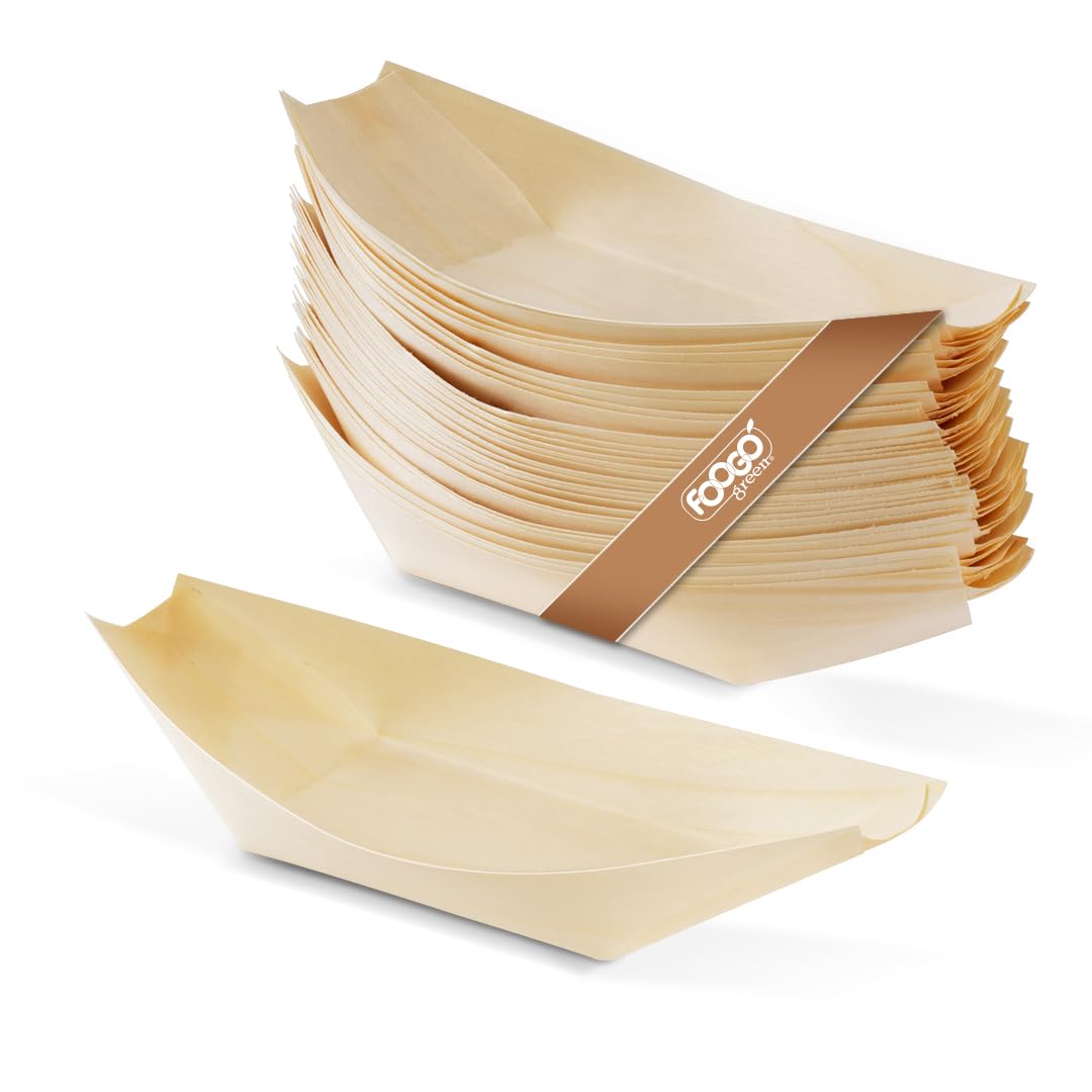 FOOGO Green 50Pcs Disposable Wooden Bamboo Boats, 7"(17.8cm), FSC® Certified, for Barbecue, Garden Party, Salad & Snacks, Eco-Friendly, Biodegradable, Wedding Party, Like Palm Leaf and Paper Bowls