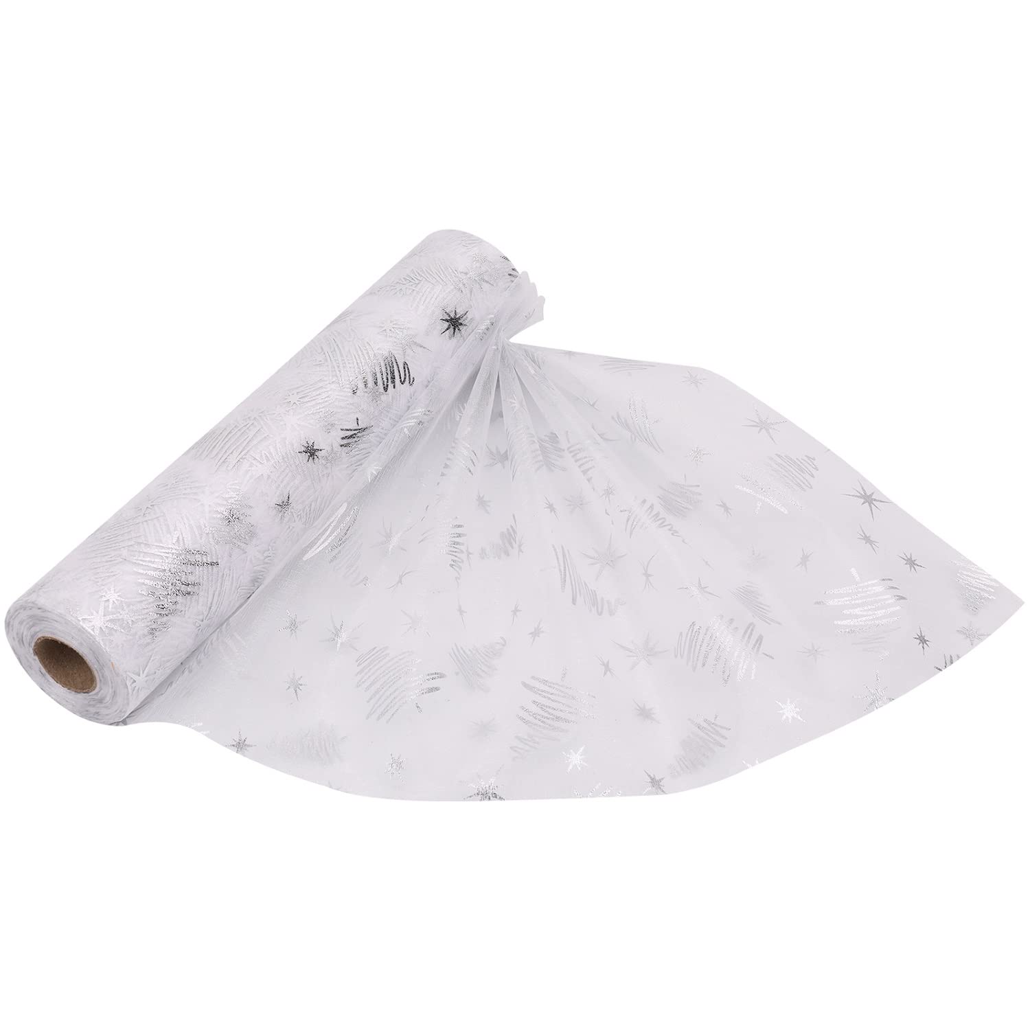 25m x 29cm Organza Roll Snow Sheer Glitter Fabric with Christmas Tree & Snowflakes Design for Christmas Wreath, Table Runner, Chair Sashes, DIY Gift Wrapping, New Year Party Decoration, White