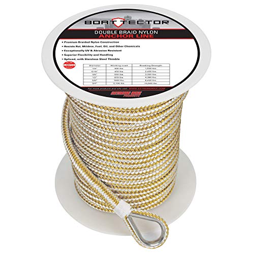Extreme Max 3006.2246 BoatTector Premium Double Braid Nylon Anchor Line com dedal - 9,5 mm x 45,5 m, branco e dourado