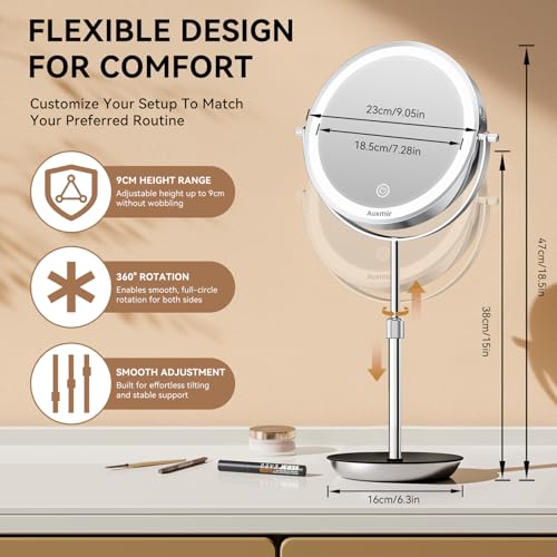 Auxmir 1X/30X Magnifying Mirror with Light, 9” Adjustable Height Makeup Mirror, Rechargeable Lighted Mirror with 3 Color Modes & Dimmable, Double Sided Vanity Mirror for Shaving, Tweezing