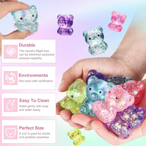 Beauenty 12 Pack Bear Squishy Toys, Glitter Colorful Sensory Stress Toy for Anxiety Relief, Fidget Toys for Kids Adult, Squeeze Balls Bulk, Party Favors Goodie Bags Stuffer for Kids (random color)