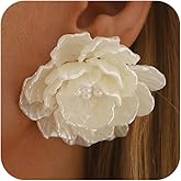 Dainty Large White Shell Pearl Flower Stud Earrings for Women, Vintage Boho Acrylic Big Camellia Floral Earring Fashion Statement Party Jewelry Gifts