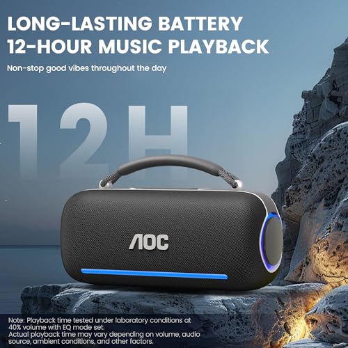 AOC ACS6311 Bocina Bluetooth Portatil 80W, Varias Luces RGB, Bluetooth 5.3 Altavoz Inalámbrico, Sonido Estéreo HD, 4000Mah Tiempo de Espera Ultralargo IPX5 función, Ideal para Viajar, Campear, Negro