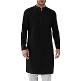 Gafeng Mens Kaftan Robe Button Down Long Sleeve Henley Cotton Thobe Casual Side Split Gown Shirt