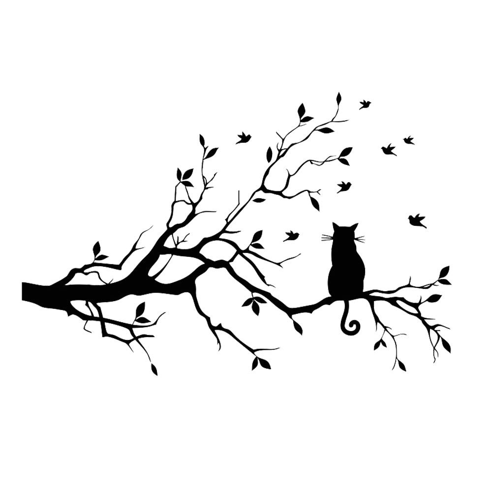 Tree Branch Leaves with Cat Wall Stickers Vinyl Bird Wall Decor Murals Decals Sticker for Home Bedroom Living Room Kindergarten Nursery Rooms Decorations (Cat)