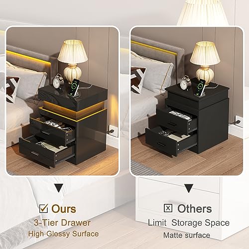 ChooChoo LED Nightstand with Charging Station,Smart Night Stand with Sliding Top Storage, 2-Drawers High Gloss Bedside Table, Modern End Table for Bedroom,Black