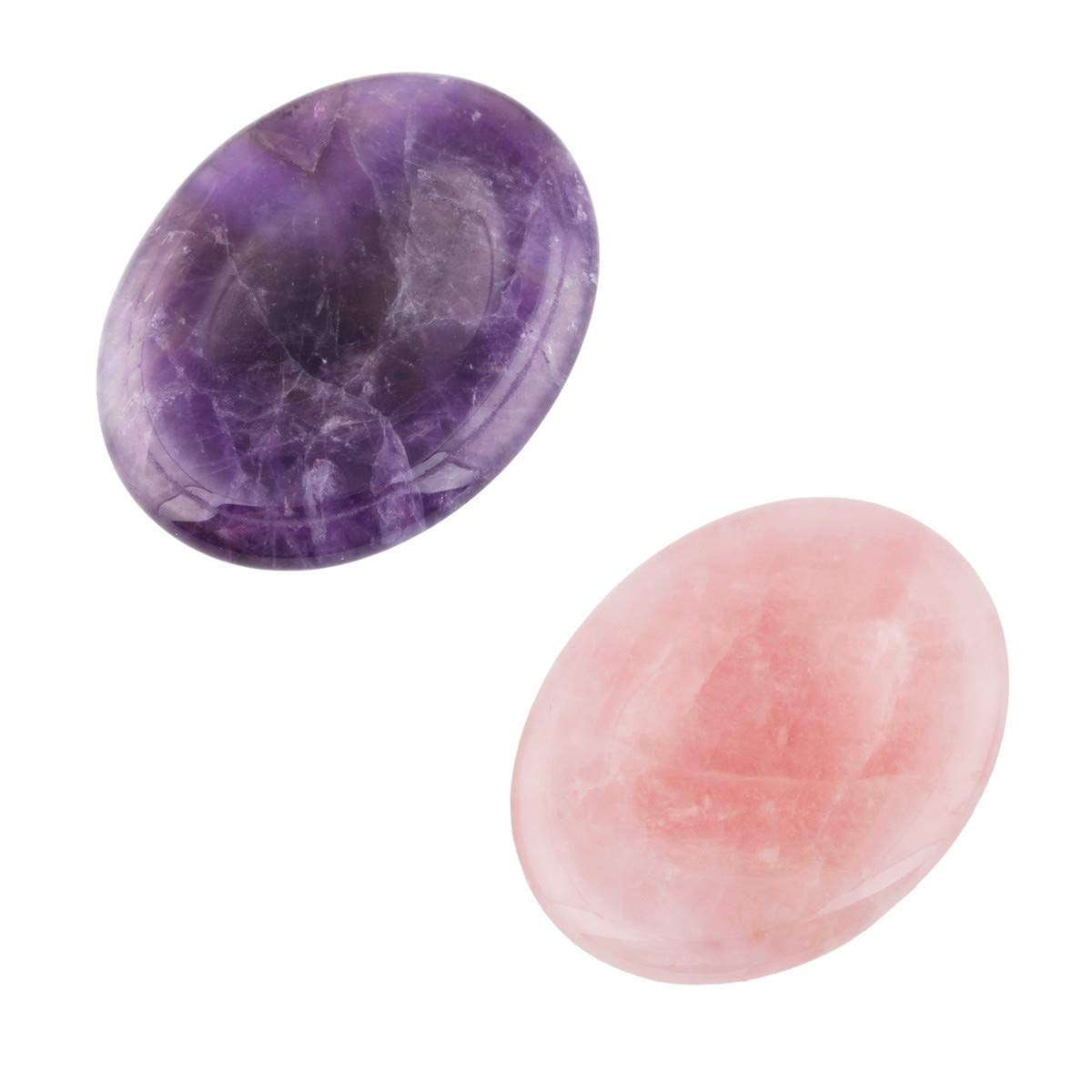 mookaitedecor Pack of 2 Natural Amethyst & Rose Quartz Crystal Oval Thumb Worry Stones for Anxiety Stress Relief, Polished Pocket Stones Palm Quartz Healing Crystal Gifts for Reiki Chakra Balancing