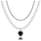 Layered Pearl Necklace for Women Chunky Pearl Beaded Necklace Vintage Black Crystal Heart Pendant Necklace Silver Cuban Chain Choker Necklace Christmas Birthday Jewelry