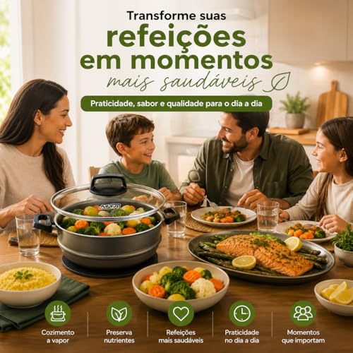 Cuscuzeira Antiaderente MTA Cristal 20cm 3,2L + Base de Silicone | Panela a Vapor para Legumes, Peixes, Vegetais e Cuscuz | Tampa de Vidro