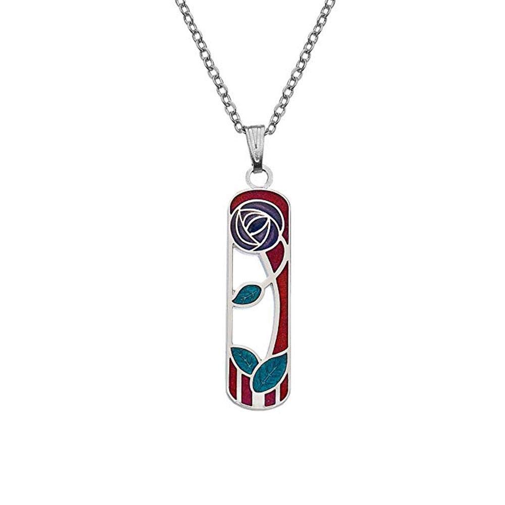 Rennie Mackintosh Inspired Enamelled Rectangle 32mm Rose & Leaf Coil Necklace Pendant On 16 Inch Chain In Presentation Box (Red)