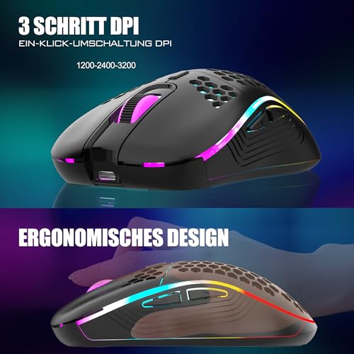 RedThunder 60% Wireless RGB Gaming Keyboard and Mouse Set, QWERTZ DE Layout, Rechargeable Wireless Keyboard with Ultralight Gaming Mouse with Honeycomb Construction, for PC Mac PS5 Xbox Gamer, Office