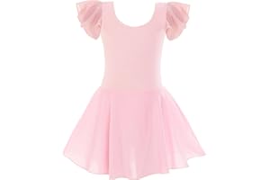 TENVDA Girls Dance Leotards with Skirts Pink Black Toddler Ballet Dress Camisole Ruffle/Short/Long Sleeve for 2-10 Years Kids