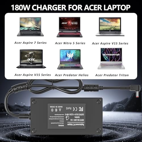 NATNO 180W Adapter Charger Compatible with Acer Predator Helios 300 G3-571 G3-572 PH315-52 PH317-51 Nitro 5 7 AN515-44 AN515-51 AN515-55 AN715-52 Triton 300 PT314-51 PT315-52 Laptop Power Supply Cord