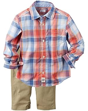 Boys Baby 2 Piece Playwear Pant Set Plaid Red-Blue Chino