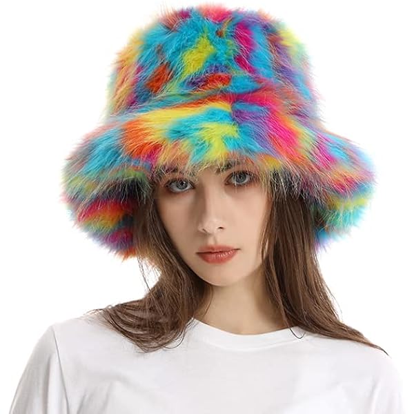 LALADEFIEE Rainbow Fuzzy Bucket Hat for Women Men Neon Fur  display picture 3
