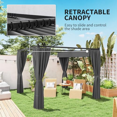 Outsunny 10' x 10' Retractable Pergola Canopy with Sidewalls, Metal Outdoor Gazebo Sun Shade Shelter for Garden, Porch, Patio, Deck, Deck, Dark Grey