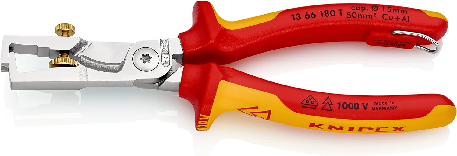 KNIPEX Strix Insulation Strippers with Cable Shears Chrome-Plated Insulated with Multi-Component Grips, VDE-Tested with Integrated, 13 66 180 T