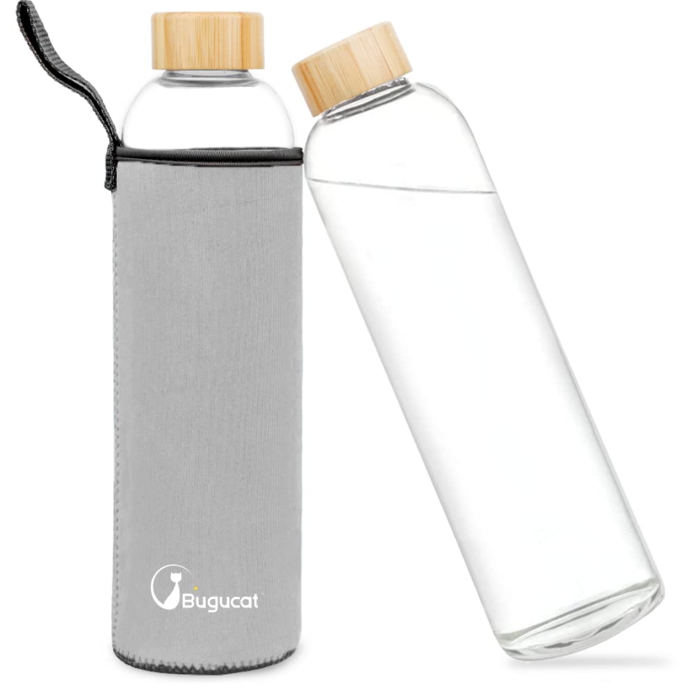 Bugucat Borosilicate Glass Water Bottle 1000ML, Reusable Lid Drinking Bottle with Protective Sleeves,Juice Beverage Container BPA-Free Leak Proof for School Sport Yoga Gym Hot Cold Drinks — image 1