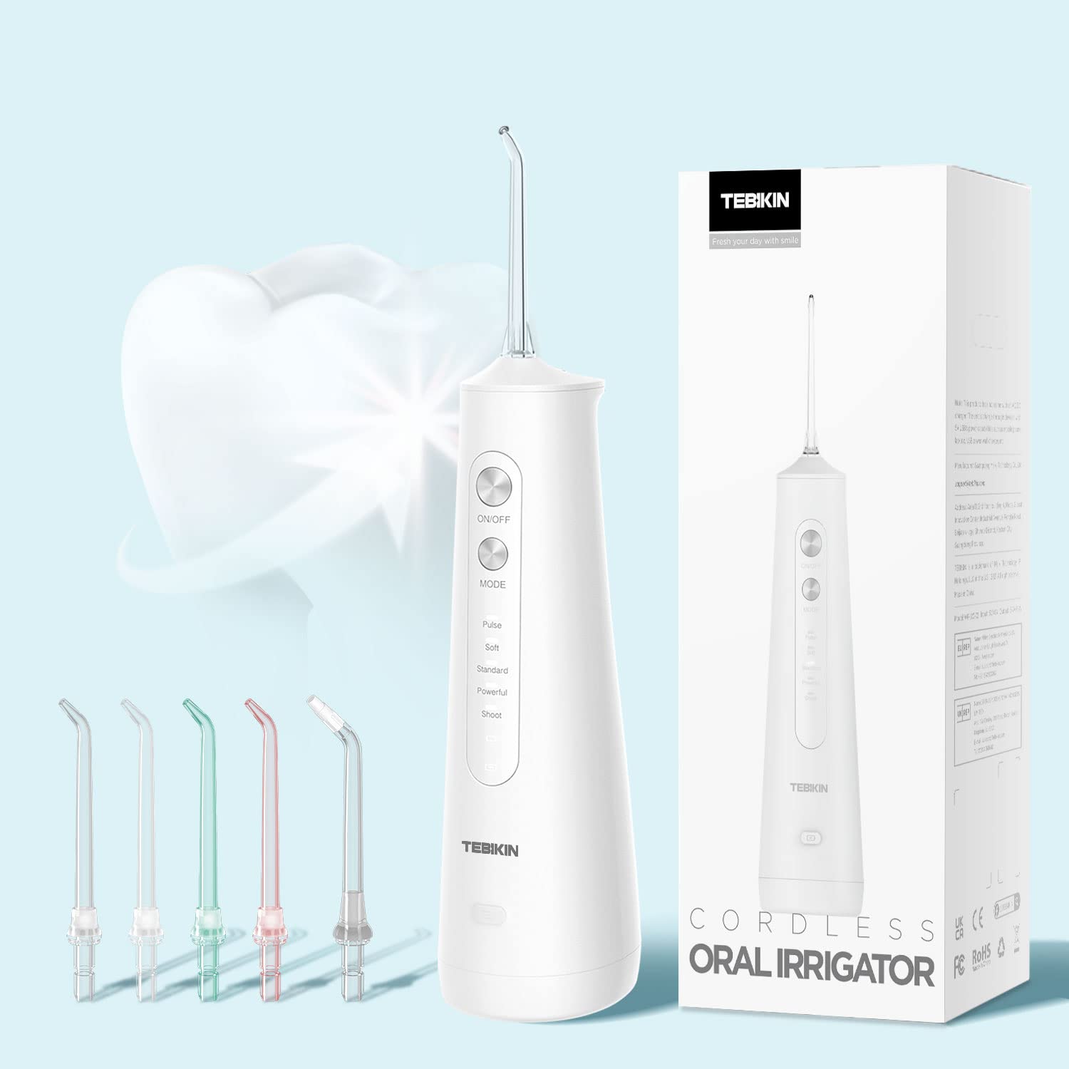 TEBIKIN Cordless Water Flosser, Portable Water Teeth Pik for Family, Rechargeable Dental Flosser for Teeth and Braces, Nozzle Storage for Travel, 5 Modes 5 Jet Tips IPX7 Waterproof, White