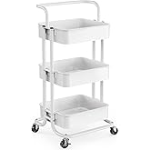 Pipishell 3 Tier Mesh Utility Cart, Rolling Metal Organization Cart with Handle and Lockable Wheels, Multifunctional Storage 