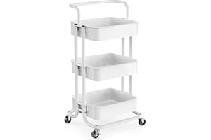 3-Tier Rolling Utility Cart, Multifunctional Metal Organization Storage Cart with 2 Lockable Wheels for Office, Home, Kitchen