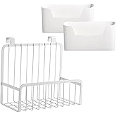 PPDVUUT Cabinet Door Organizer, Over Cabinet Hanging Basket + 2 Adhesive Wall-Mounted Bins, White Metal & PP, No-Drill Space Saver for Kitchen, Bathroom, Under Sink, Office, Refrigerator, Bedside