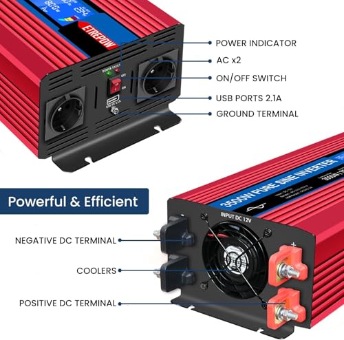 ETREPOW 3500W Inverter 12 V 220 V Pure Sine Wave Voltage Converter with 2 EU Sockets and a 2.1 A USB, Wireless Remote Control, LCD Display and 2 Fans, Peak 7000 W