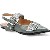 Beast Fashion Women's Slingback Flats Studded Buckle Straps Flats Slip-On Slides Pointed Toe Flats Adjustable Strap Sandals Dressy Shoes