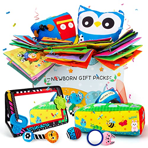 teytoy Montessori Baby Toys 6 to 12 Months, 5 in 1 Newborn Gift Set Brain Development High Contrast Toy with Rattles Tummy Time Mirror Soft Baby Book Buckle Pillow Tissue Box Toys Set