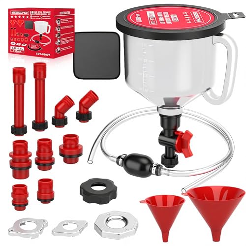 Photo 1 of 22-Piece No-Spill Coolant Filling Funnel Kit and Siphon Hose Pump, Radiator Coolant Filling Spill-Proof Funnel Kit with Adapters, Extensions, PVC Hose, Engine Oil Funnels, Towel for Universal Vehicle