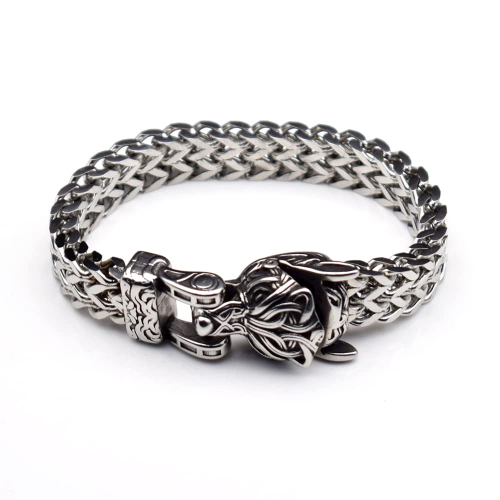 LANGHONG Norse Viking Wolf Bracelet Men's Stainless Steel Mesh Chain Can Open Wolf Mouth Bracelets Talisman Jewelry