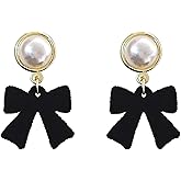 Black Bow Earrings for Women Sweet Pearl Bow Earrings Dainty Bowknot with Pearl Earrings for Women Birthday Christmas Jewelry