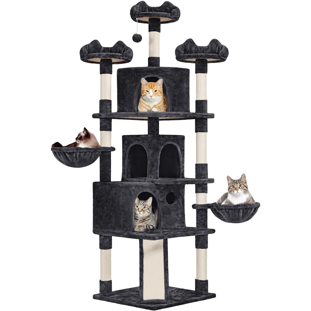 Yaheetech 76.5in Multi-Level Large Cat Tree, Big Cat Tower with 3 Condos, Cozy Plush Perches, 9 Sisal Scratching Posts and Ladder, Activity Center for Large Kitties, Black Image