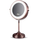 MIRRORVANA Lighted Make Up Mirror with 15X Magnification - 15X & 1X Double Sided LED Makeup Mirror with 3 Lighting Modes, Rechargeable Battery with USB Cable - 8" Wide & 15" Tall (Antique Bronze)