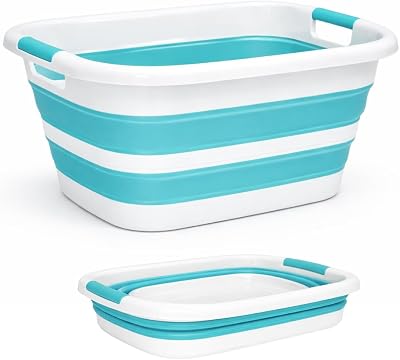 Barreño Plegable 26 L – Cesto Ropa Colada de Plástico y Silicona con Asas, Cesta Multiusos Para Lavadora al Tendedero, Laundry Basket y Almacenaje Hogar (Turquesa, M)