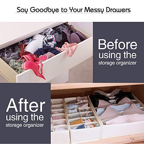 LotFancy Underwear Drawer Organizers, Set of 4, Washable Closet Sock Organizer Divider, Foldable Fabric Dresser Storage Box for Bra, Handkerchiefs, Ties, Undergarment, Belt, Panties, Yellowish Beige