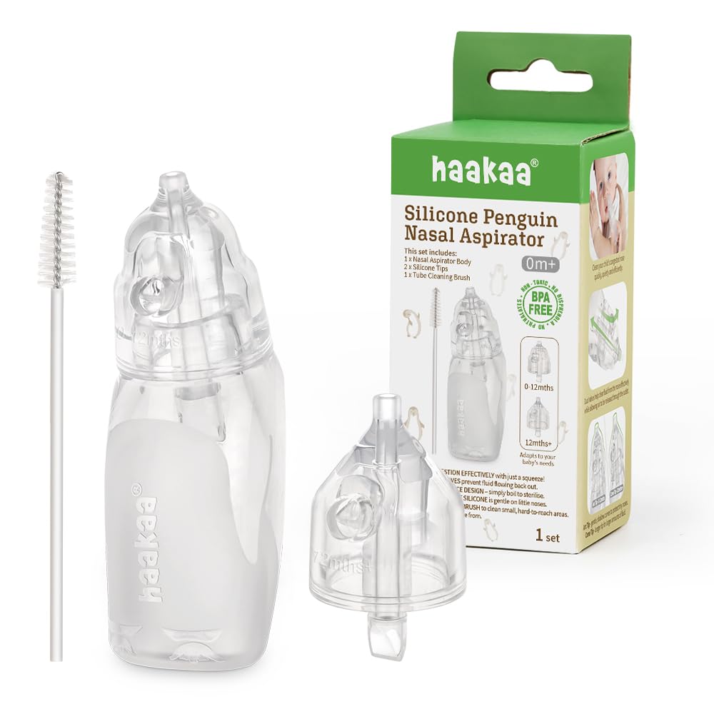 Haakaa Penguin Nasal Aspirator for Baby – Blocked Nose Relief: Works by Suction – BPA, PVC & Phthalate-Free – Food-Grade Silicone – Easy-to-Clean – Fluid Measurement