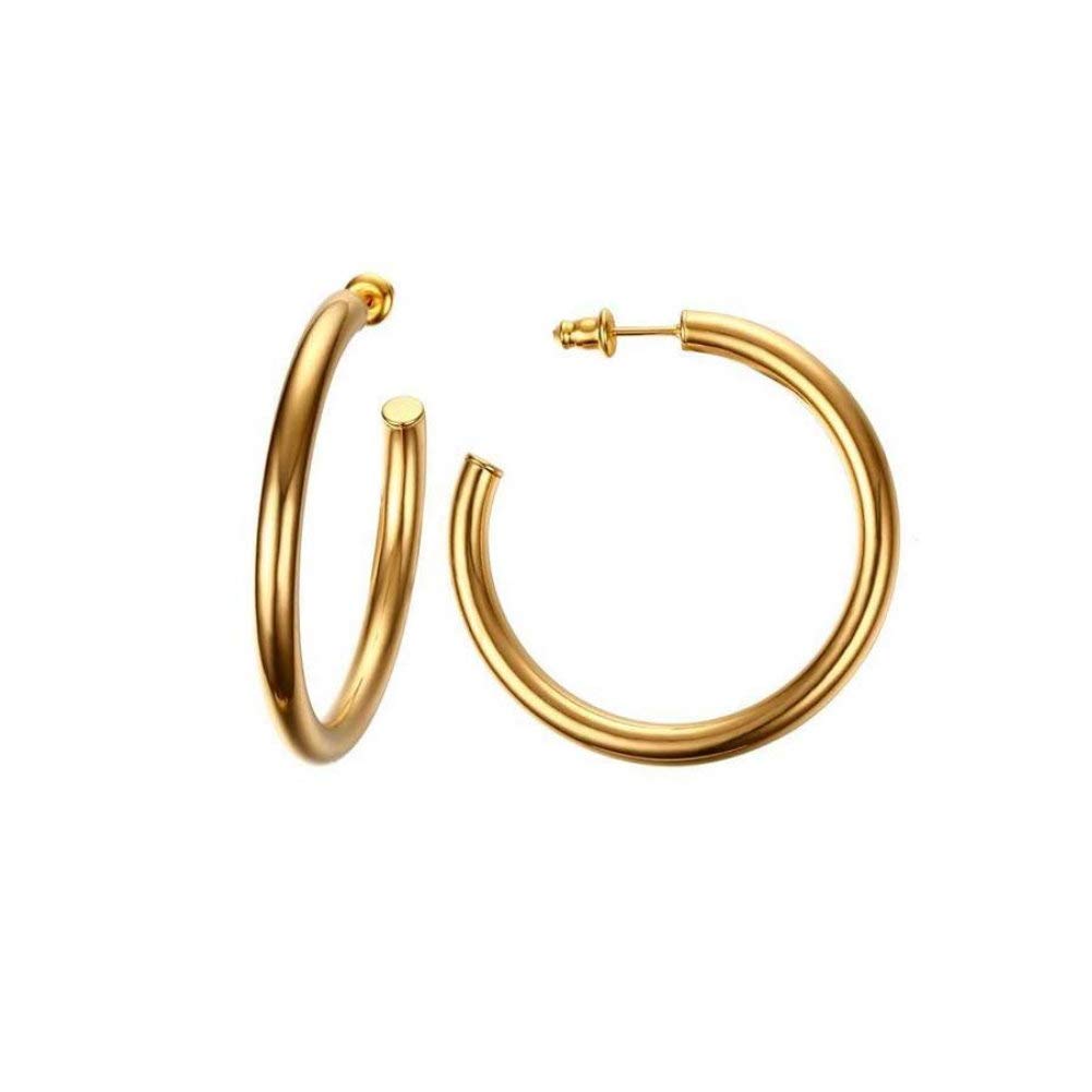 Chunky Tube Large Big Hoop Earrings for Women 14K Gold Plated Hypoallergenic Thick Classic Round Huggie Studs Hoops