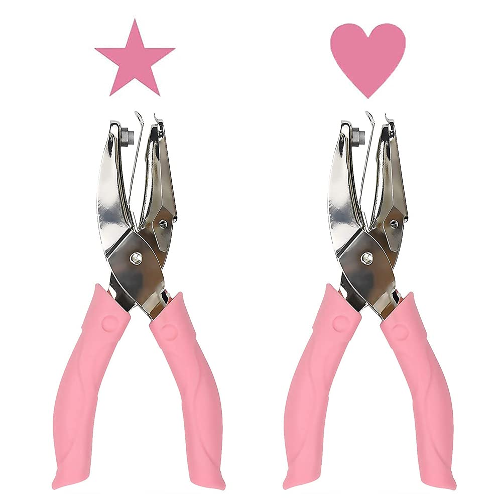 Qanye 2-Piece Handheld Hole Punch, Paper Punch Puncher, Heart & Star Shapes, Pink, Plastic Handle, DIY Crafts, School, Home, Office