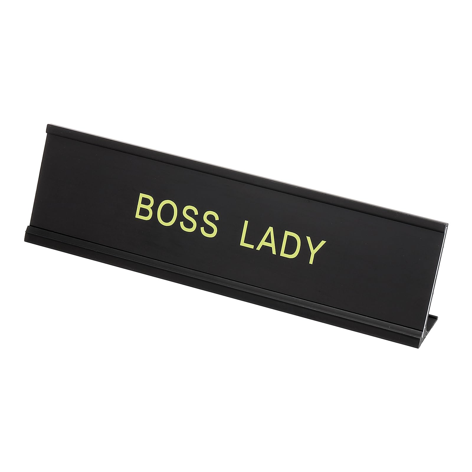 PATIKIL Funny Nameplate, 8"x2" Novelty Desk Sign Plaque Aluminum Desk Name Plate with Base for Office, Black Yellow (Lady)