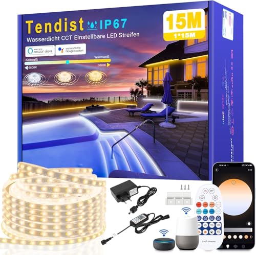 LED Strip Outdoor Use, Warm White to Cool White, Dimmable, Outdoor LED Strip, Alexa Compatible WiFi App & Remote Control, 24 V LED Strip, IP67 Waterproof Tape, Self-Adhesive for Kitchen, Patios (15 m)