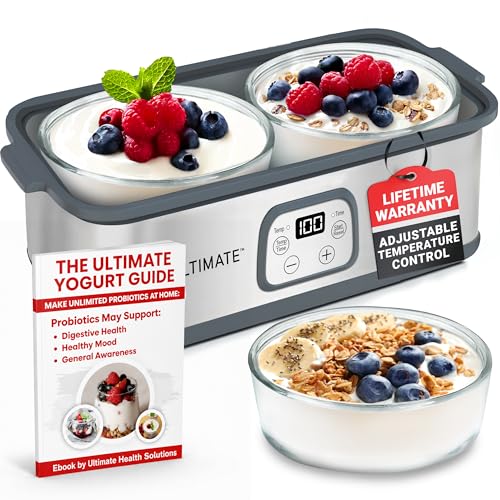Ultimate Probiotic Yogurt Maker with Adjustable Time & Temperature Control, Make Trillions of Probiotics for Better Gut Health, Two 1-Quart Containers for Larger Batches, ULTIMATE LIFETIME WARRANTY
