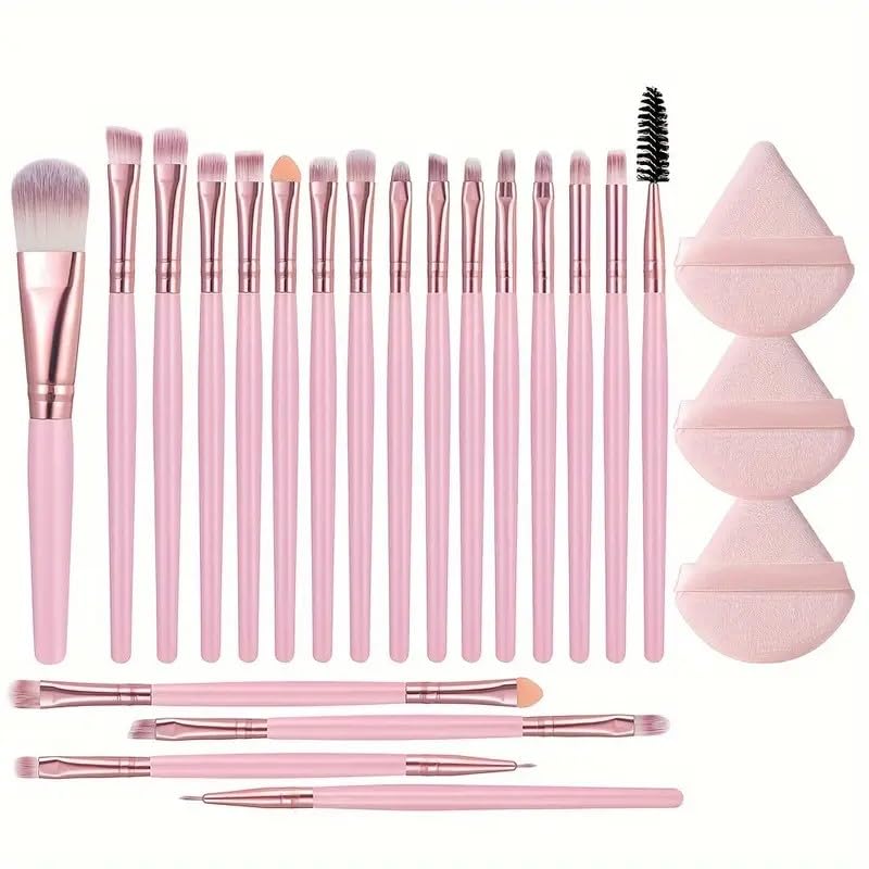 20pcs Makeup Brush Set with 3 Fan-shaped Powder Puffs, Facial Makeup Brushes, Soft and Skin-friendly, Portable Makeup Tools for Beginners