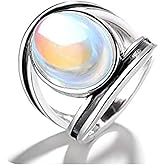 Mnyixsi 925 Sterling Silver Moonstone Ring for Women Grils | 18K White Gold Vintage Vintage Rainbow Moonstone Rings Solitaire Ring Oval Gemstone Fashion Jewelry for Gift Size 8