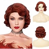 Amnenl Red Finger Wave 1920s Wigs for Women Short Synthetic Hair Wig Cosplay Halloween Costume Wig(Brown Red)