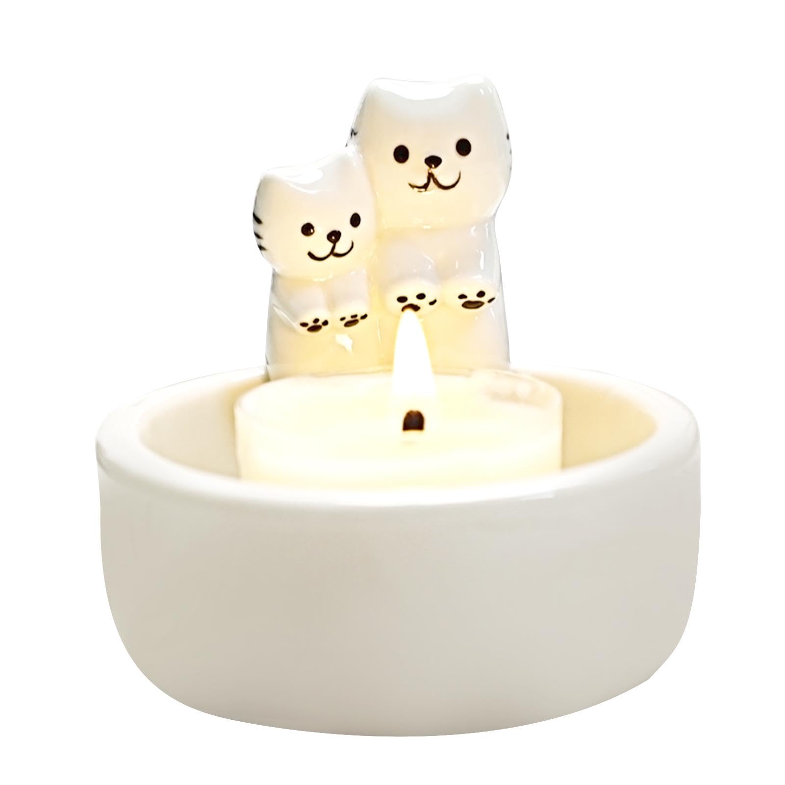 POHOVE Cat Candle Holder, Cartoon Kitten Tea Light Candlestick, Handmade Ceramic, for Cat Lovers (Couple Kitten)