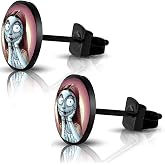 SIISPRI 316L Surgical Stainless Steel Halloween Jack Skellington Round Circle Button Stud Post Earrings 10MM
